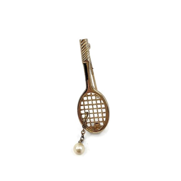 Vintage Avon Tennis Racket Brooch Faux Pearl Dangl - Picture 1 of 4